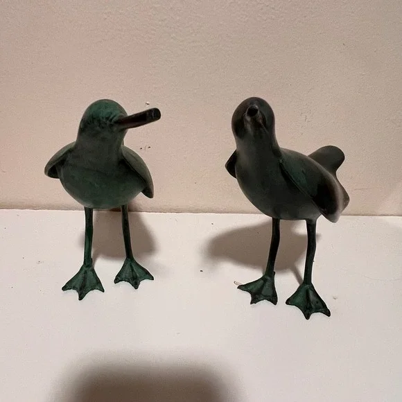 Vintage Pair Bronze Shorebird Figurines Green Verdigris Patina Coastal Decor MCM - Picture 3 of 9